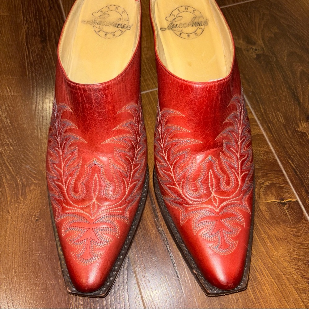 Lucchese Red Embroidered Leather Mules - Picture 4 of 11